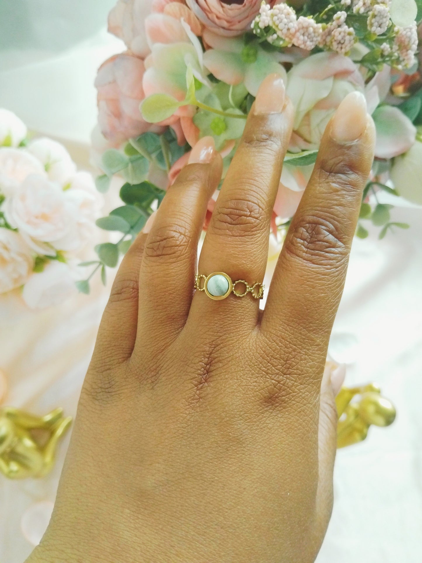 Bague "Clara" en acier inoxydable avec agate rayée verte