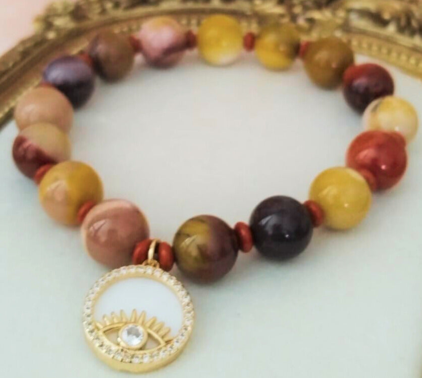 Bracelet jaspe mokaïte, jaspe rouge et œil protecteur doré – Aura Vive