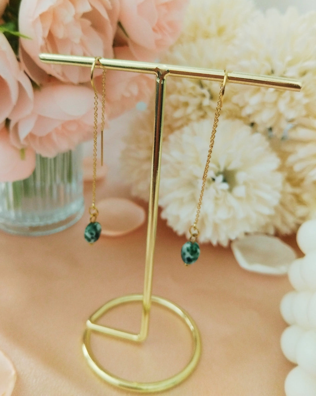 Boucles pendantes "Éclat d'Or" en Gold-Filled et Jaspe Green Sea