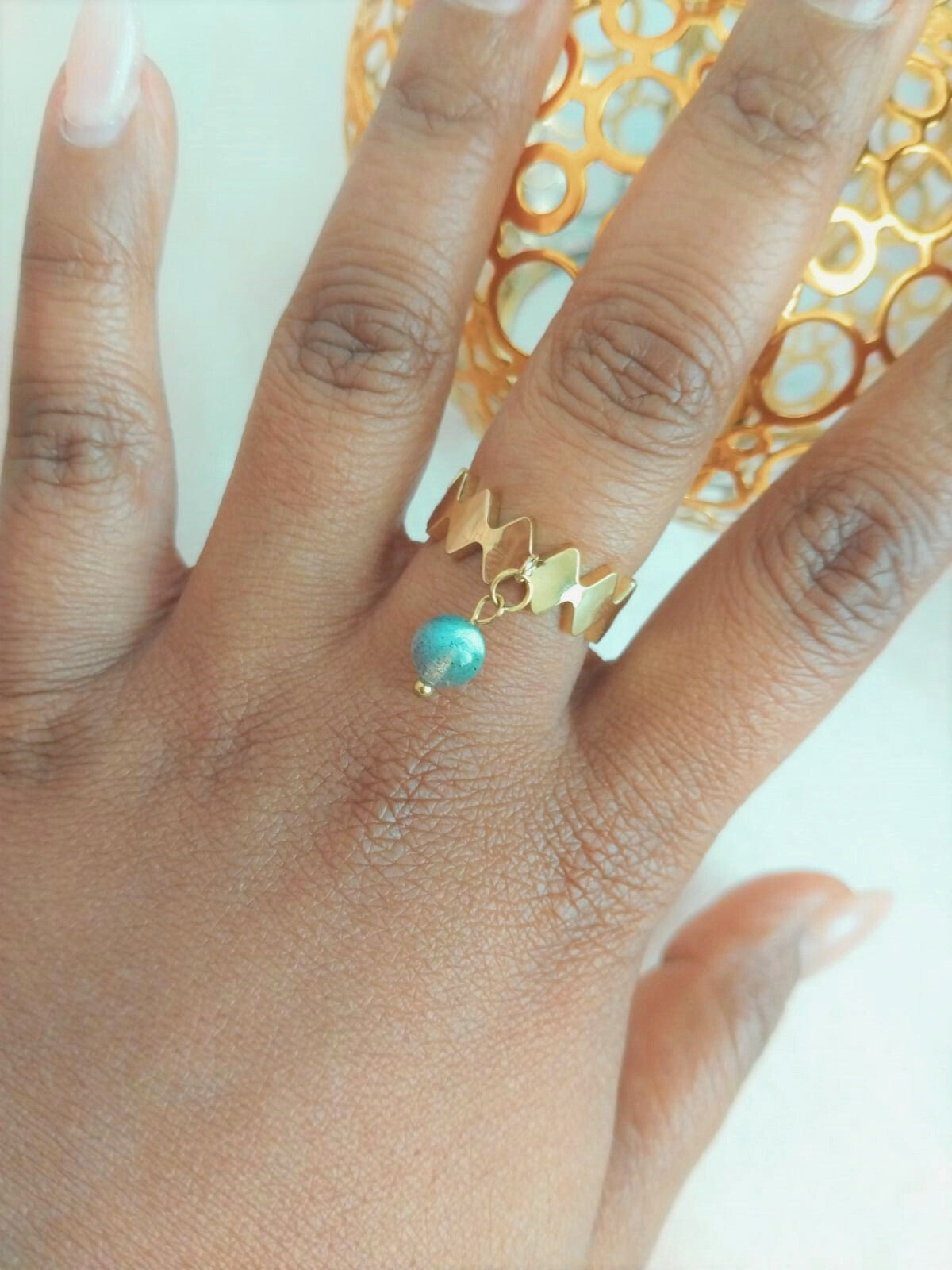 Bague Solara - Labradorite 6mm en acier inoxydable - Vatou Soa