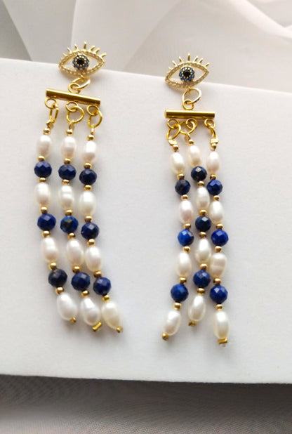 Boucles Sirius – Lapis-lazuli & perles d’eau douce