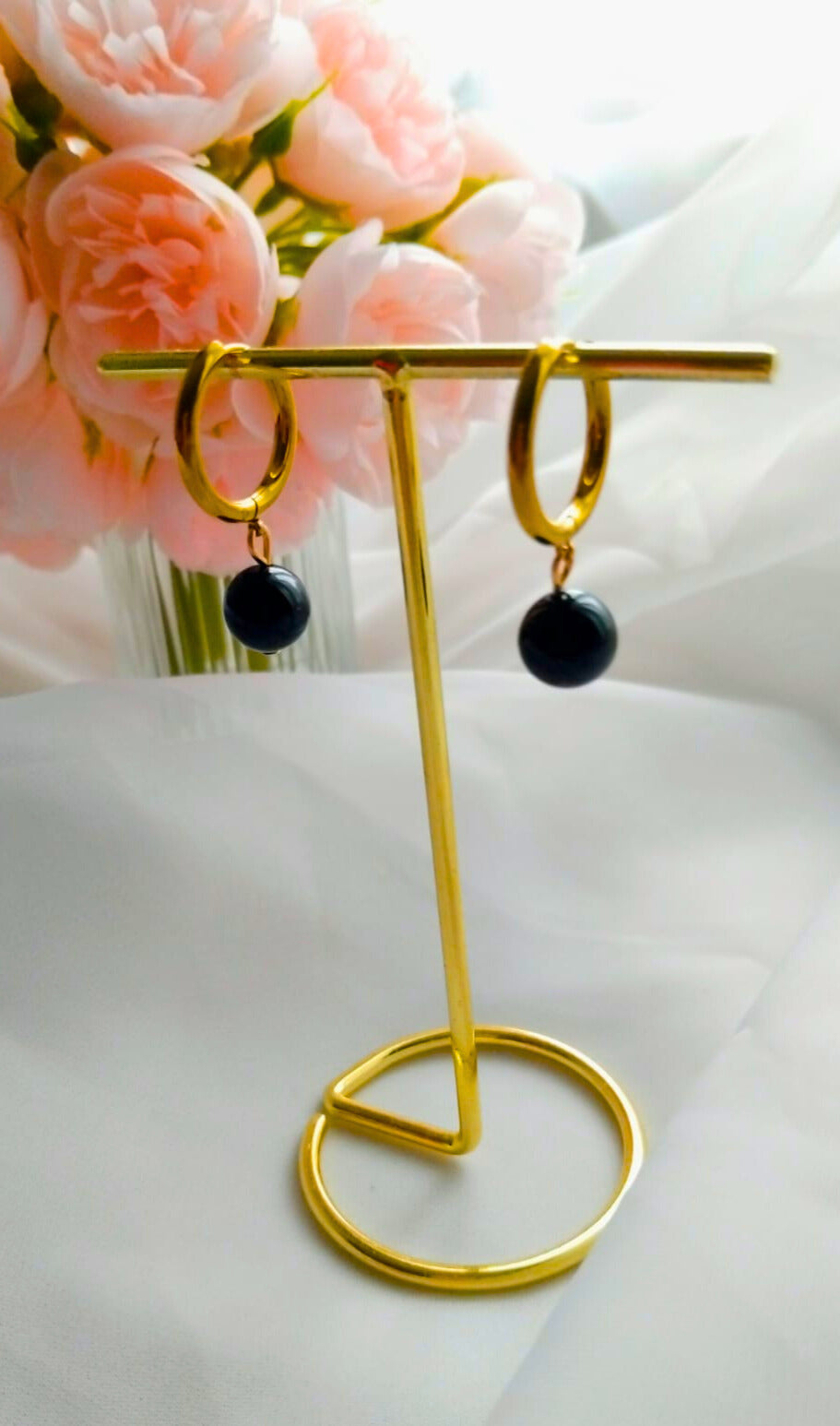 Boucles d’oreilles « Éclat » – Tourmaline noire - créoles en acier inoxydable