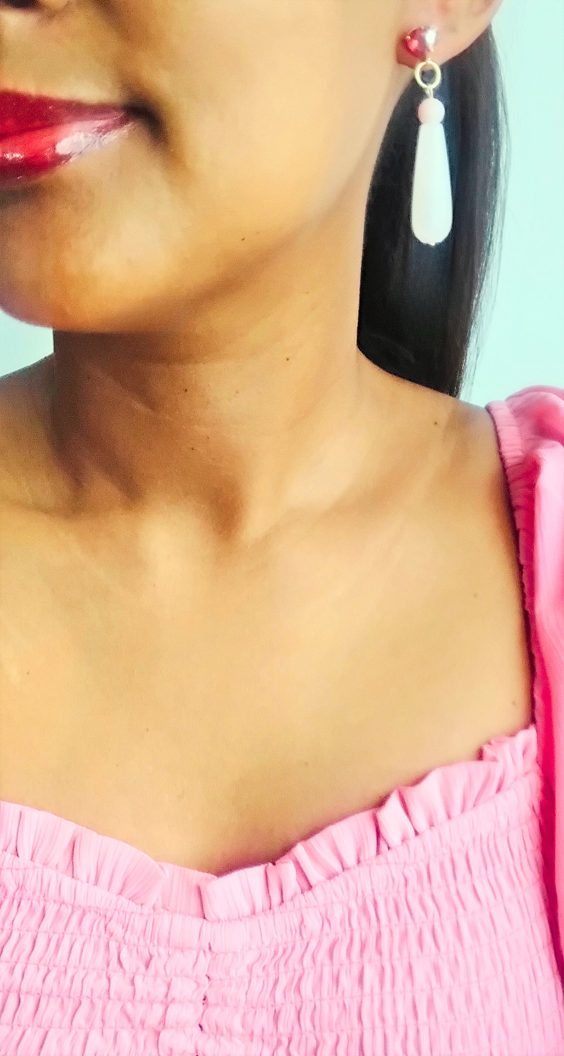 Boucles pendantes aventurine rose et opale – Clou cœur strass - Vatou Soa