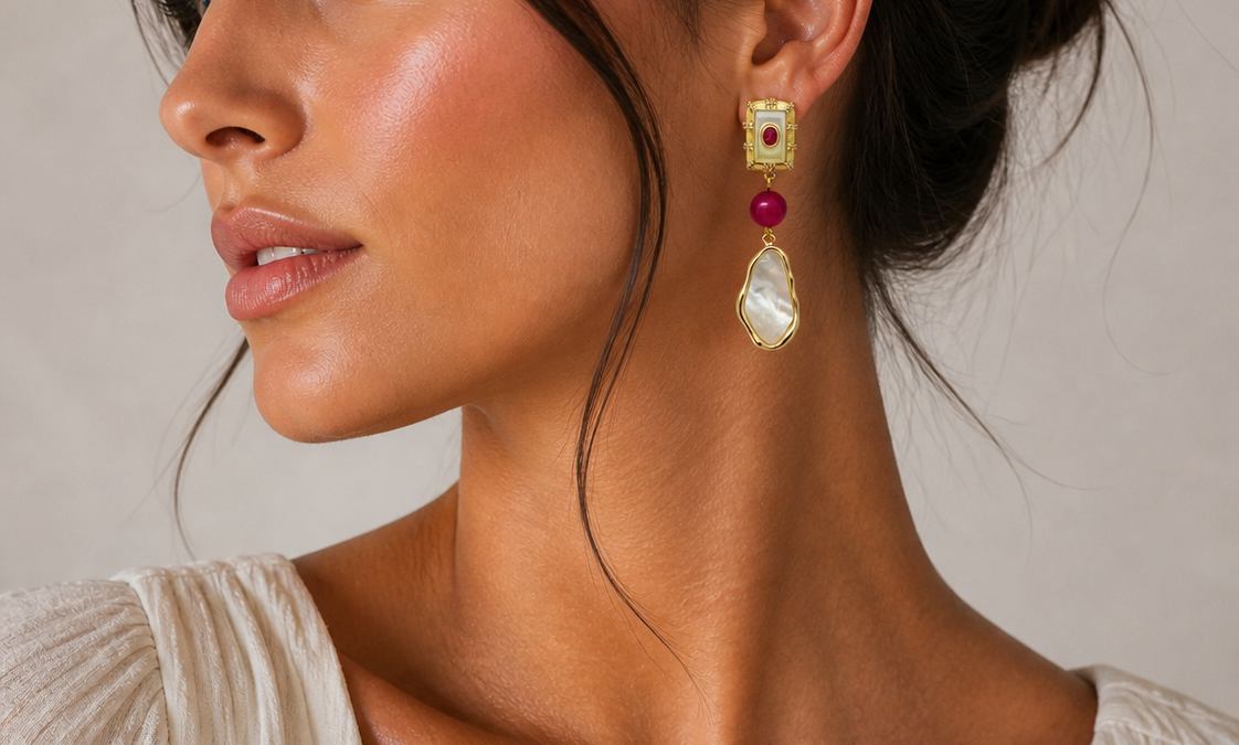 Boucles d’oreilles Iris – Boucles femme vintage nacre jade rose doré - Vatou Soa