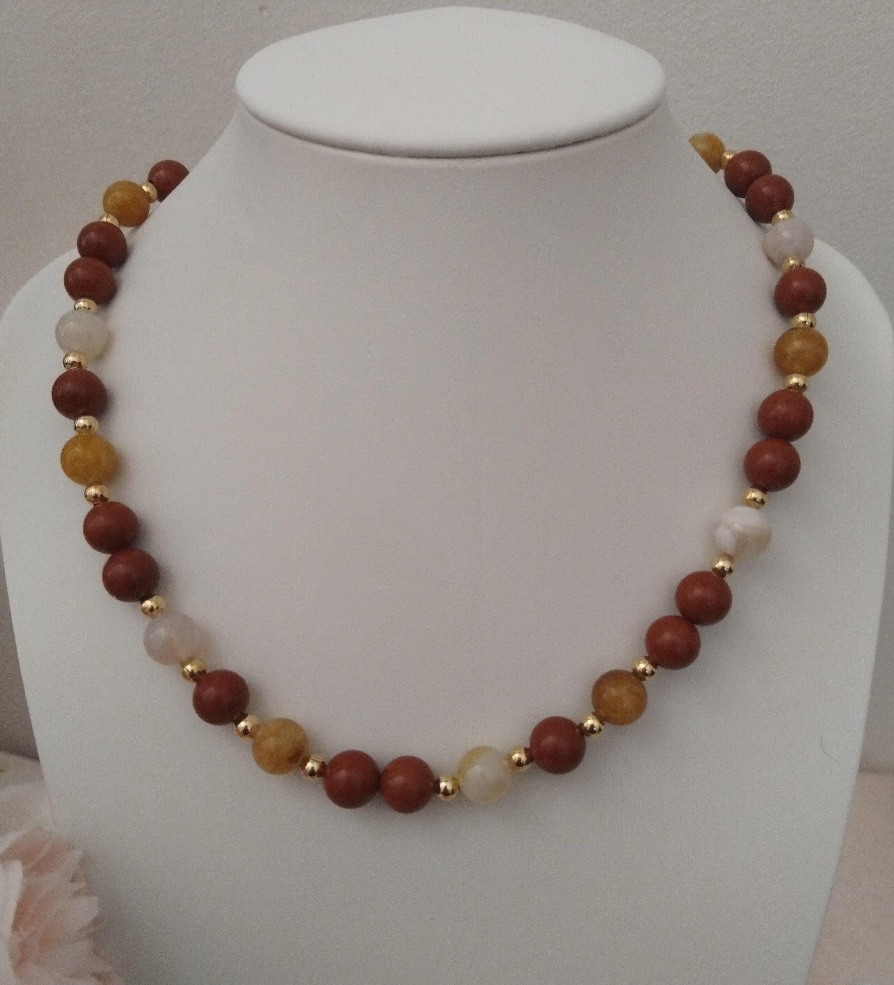 Collier jaspe rouge, aventurine jaune & agate fleur de cerisier – Harmonie & protection - Vatou Soa