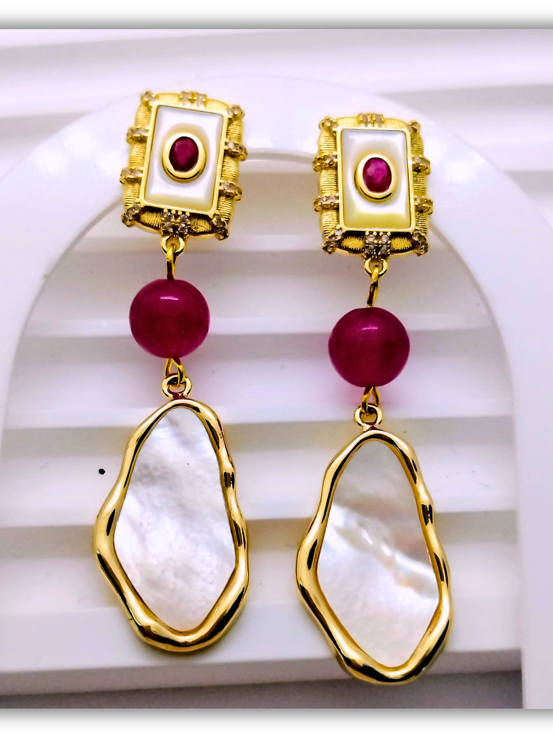 Boucles d’oreilles Iris – Boucles femme vintage nacre jade rose doré - Vatou Soa