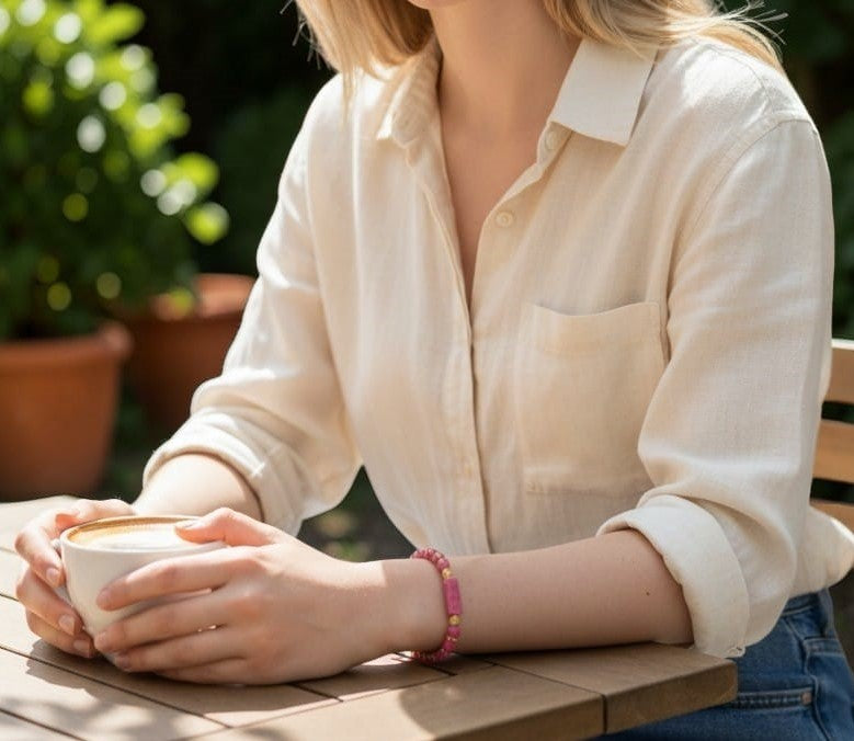 Bracelet Rhosélia – Rhodonite facettée & perles dorées