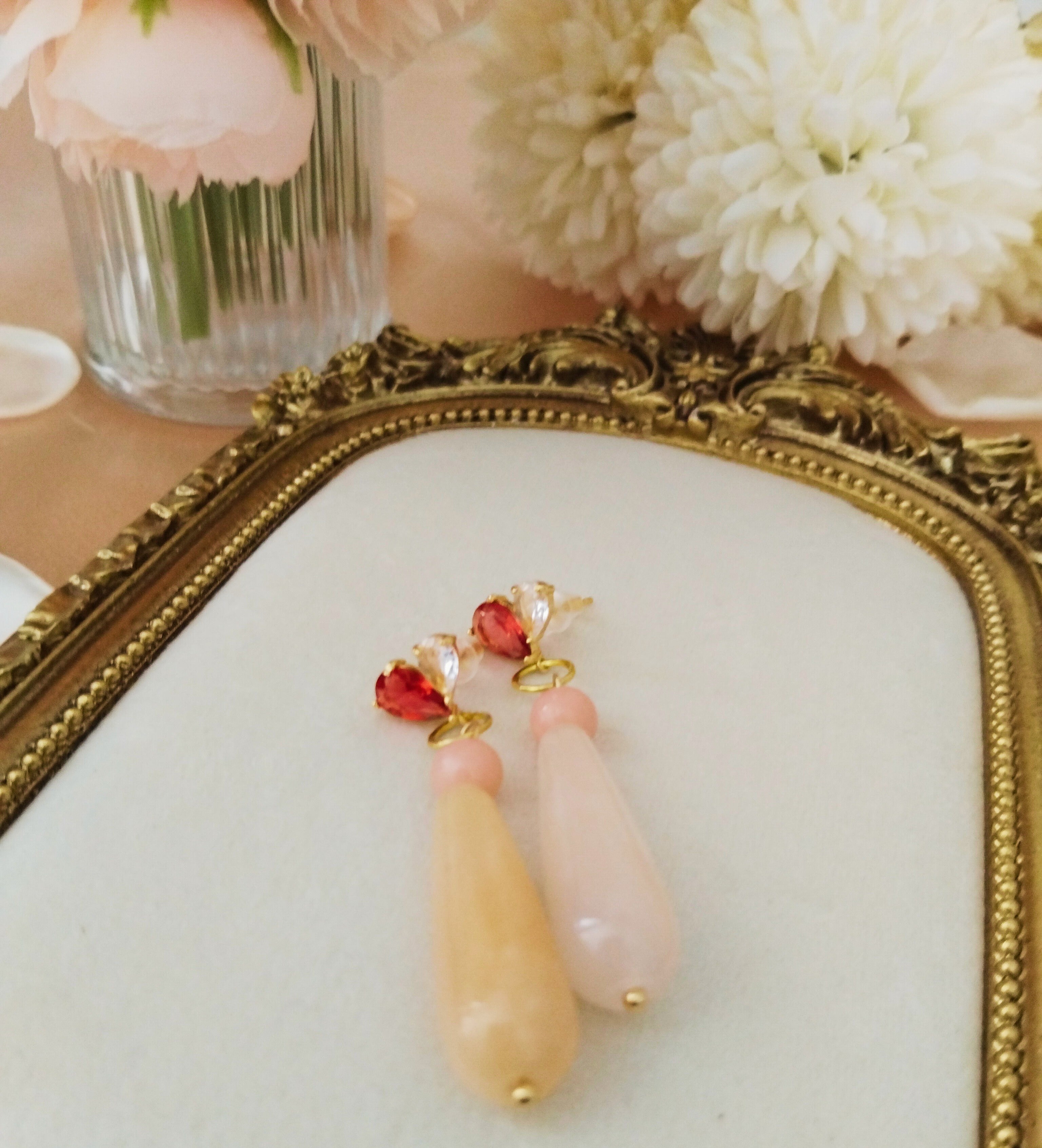 Boucles pendantes aventurine rose et opale – clou cœur strass – bijou romantique fait main
