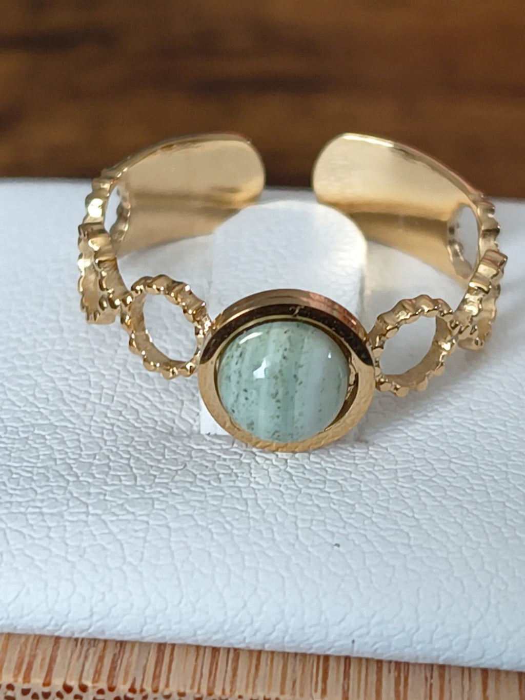 Bague en acier inoxydable ajustable avec agate rayée verte