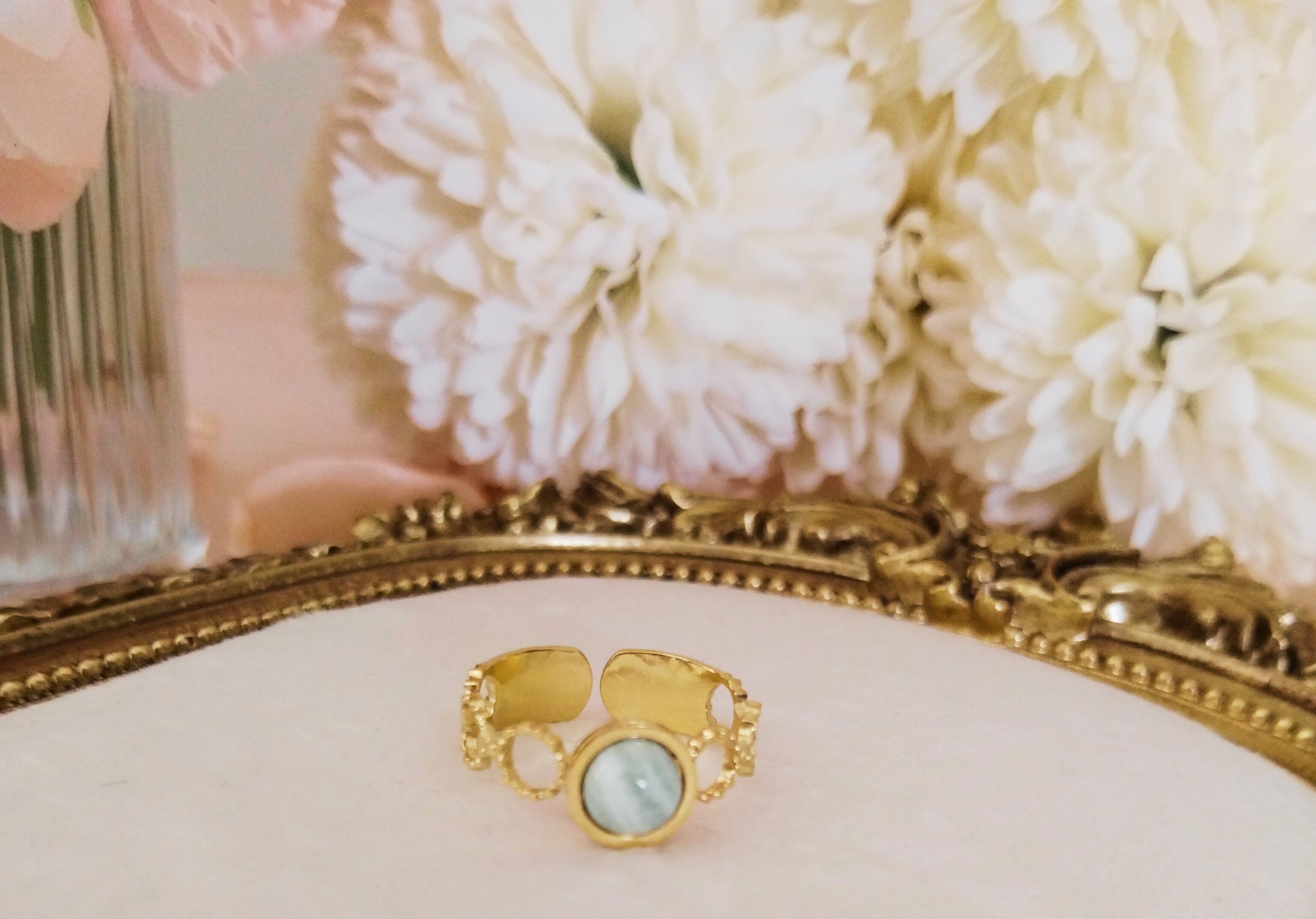 Bague en acier inoxydable ajustable avec agate rayée verte