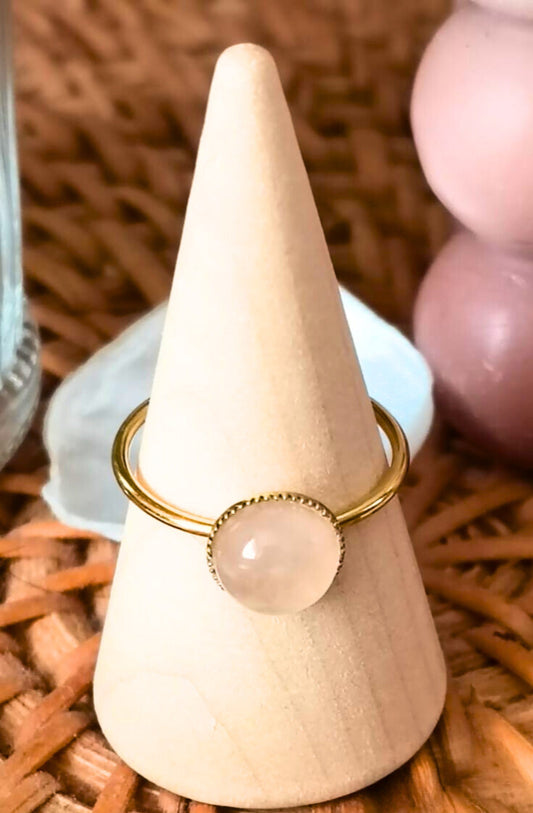 Bague quartz rose en acier inoxydable doré, ajustable