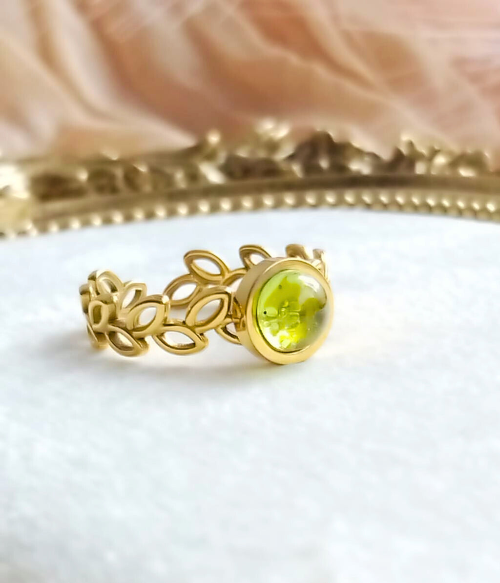 photo bague péridot dorée ajustable en acier inoxydable feuillage laurier