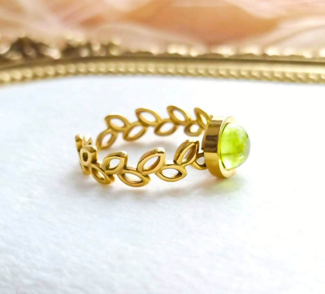 photo bague péridot ajustable en acier inoxydable feuillage laurier