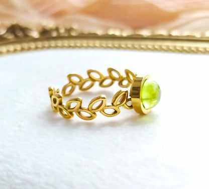 photo bague péridot ajustable en acier inoxydable feuillage laurier