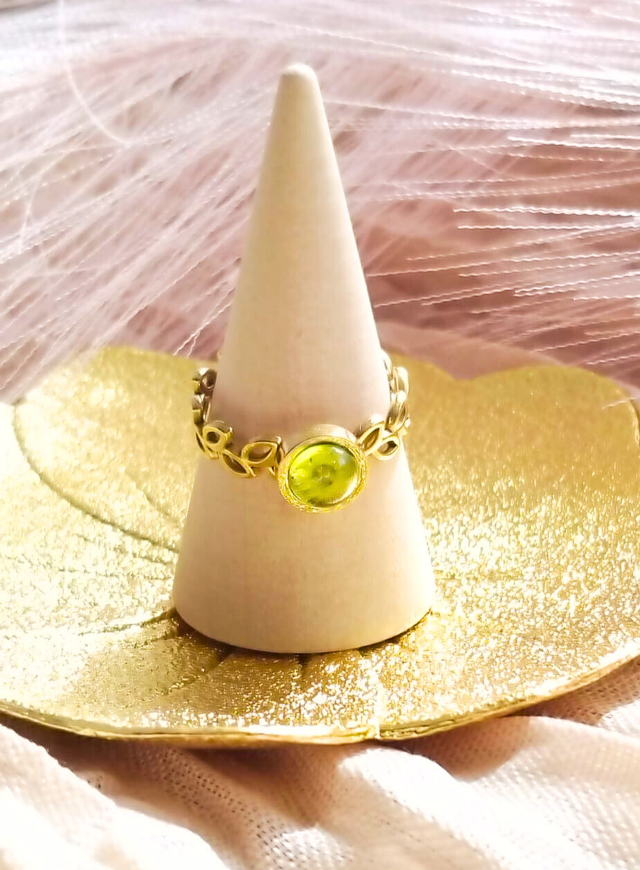 photo bague péridot ajustable en acier inoxydable feuillage laurier