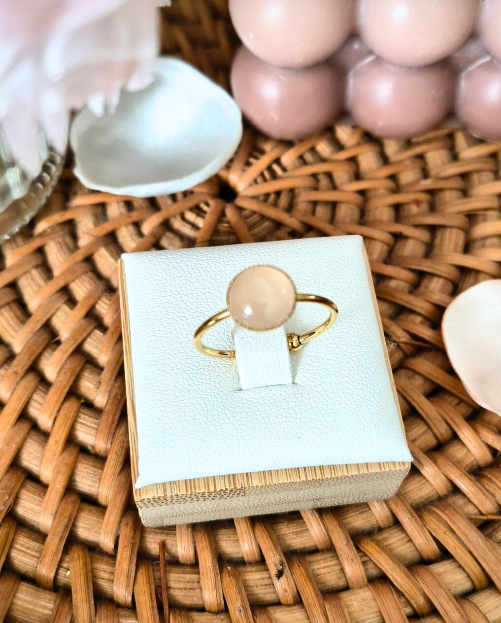 Bague quartz rose en acier inoxydable doré –ajustable