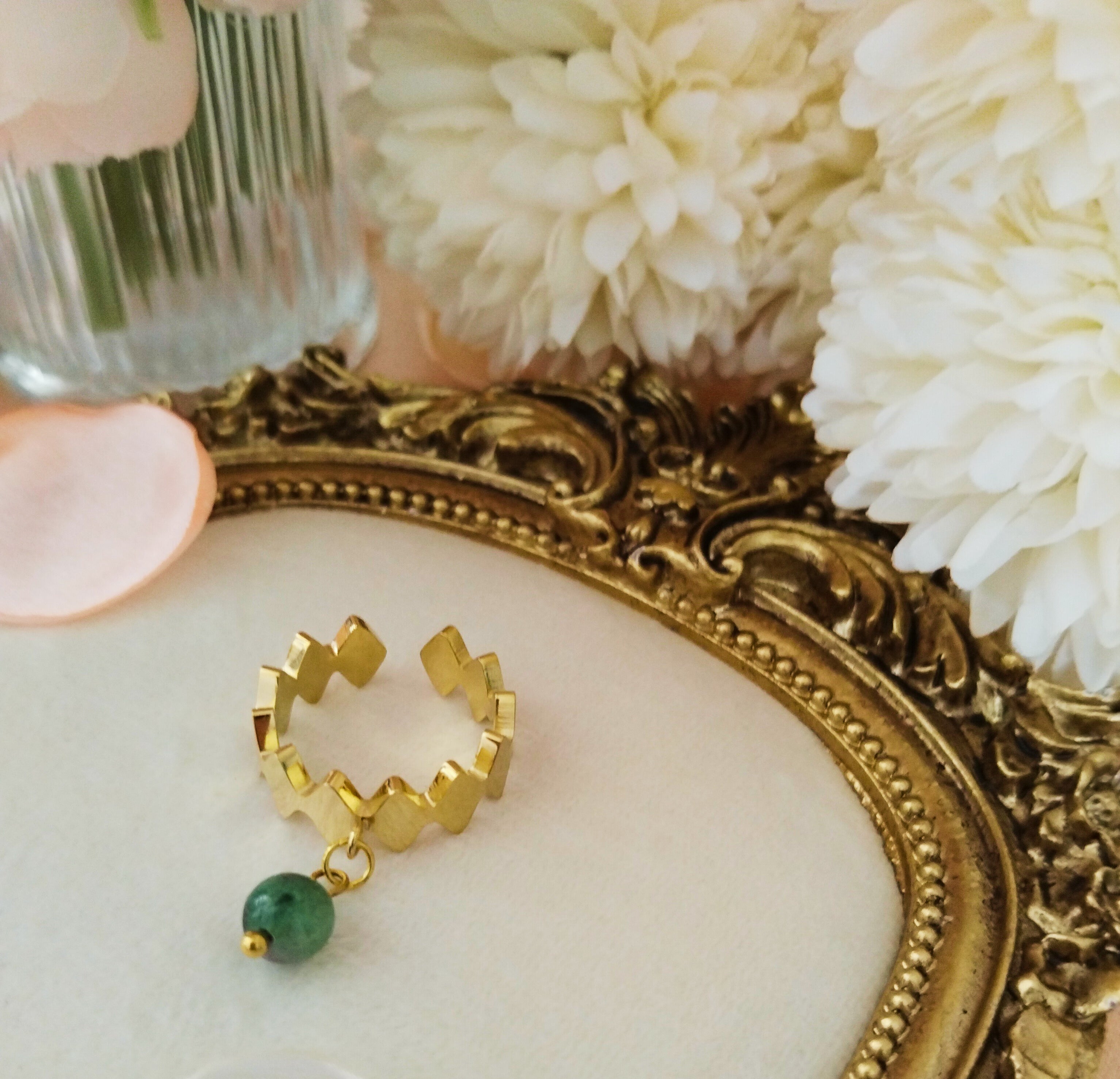 Bague anneau reglable forme losange en Rubis Zoisite  et en acier inoxydable