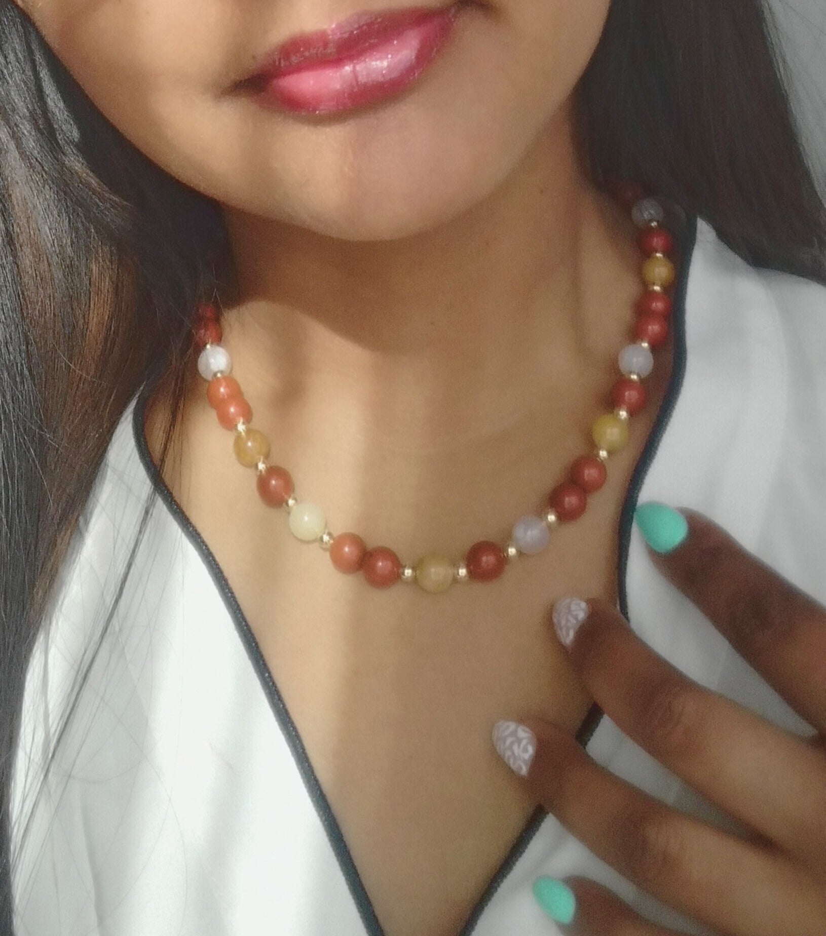 Collier jaspe rouge, aventurine jaune & agate fleur de cerisier – Harmonie & protection - Vatou Soa