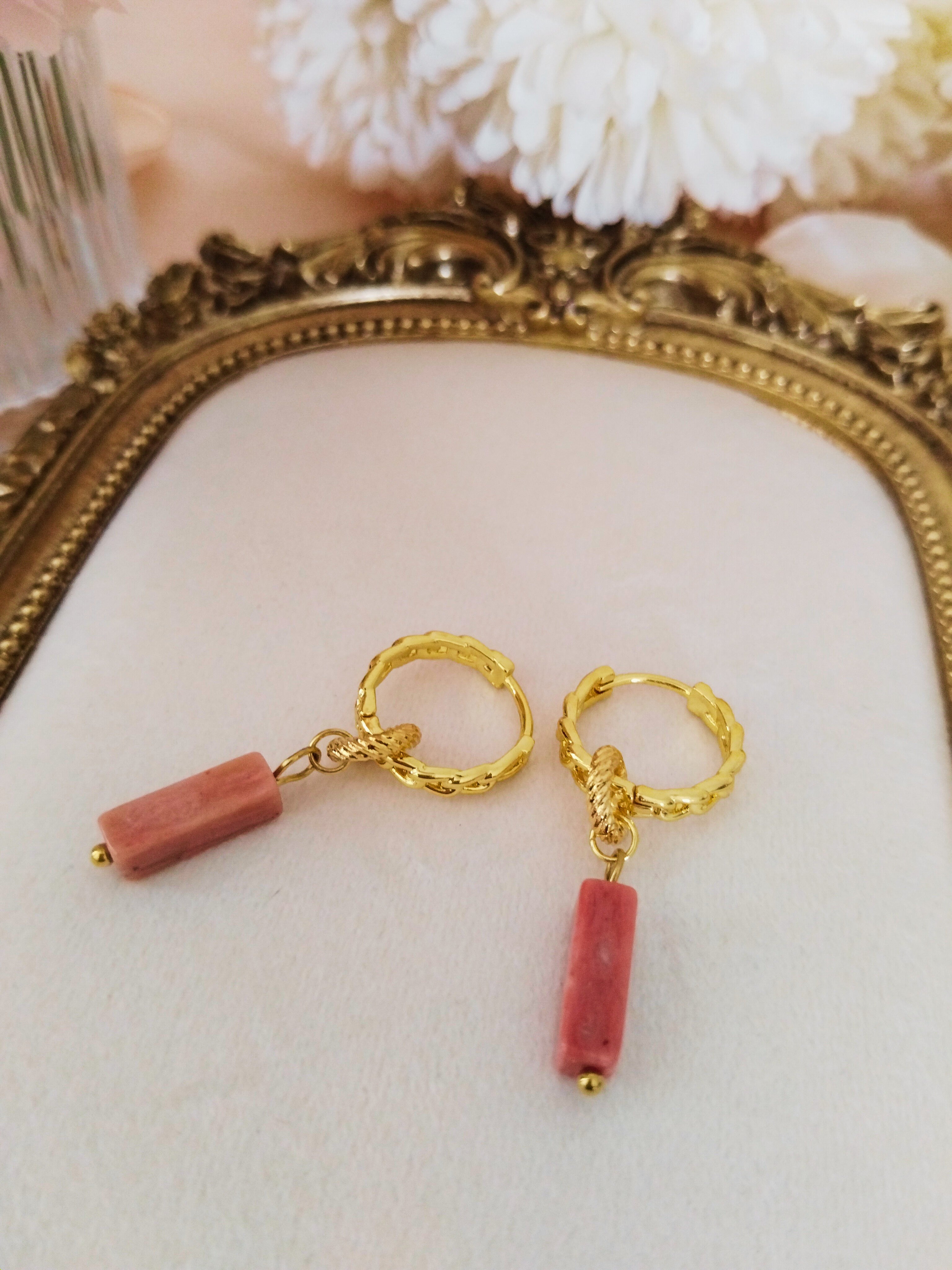 Boucles créoles "Éclat de Rhodonite" avec créole et rhodonite tube rectangulaire - Vatou Soa