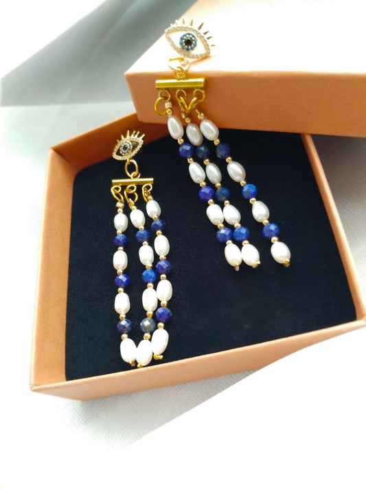 boucles pendantes femme lapis lazuli et perles d'eau douce, clou oeil à strass