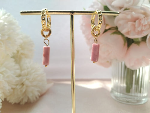 Boucles créoles "Éclat de Rhodonite" avec créole et rhodonite tube rectangulaire