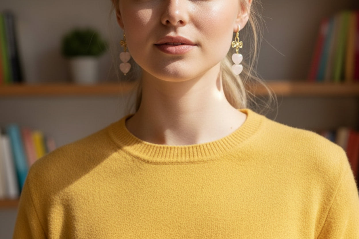 Boucles Fo Kely – Quartz rose cœur & nœud doré - Vatou Soa