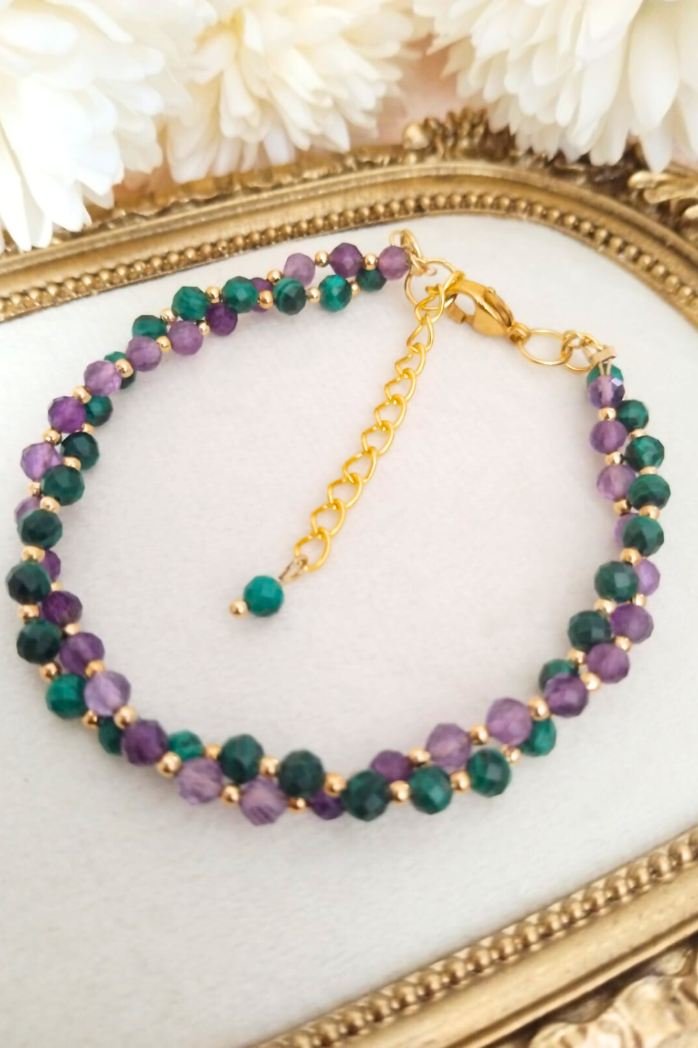 photo set bracelet et créoles amethyste et malachite avec strass coeur vert
