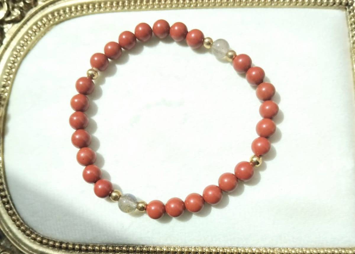 photo bracelet élastique jaspe rouge et labradorite 6mm 