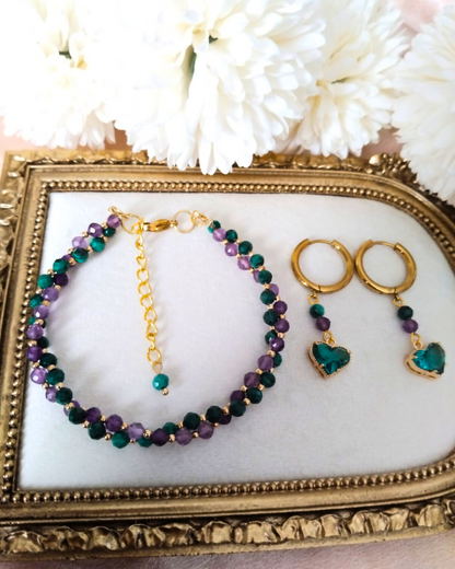photo set bracelet et créoles amethyste et malachite avec strass coeur vert