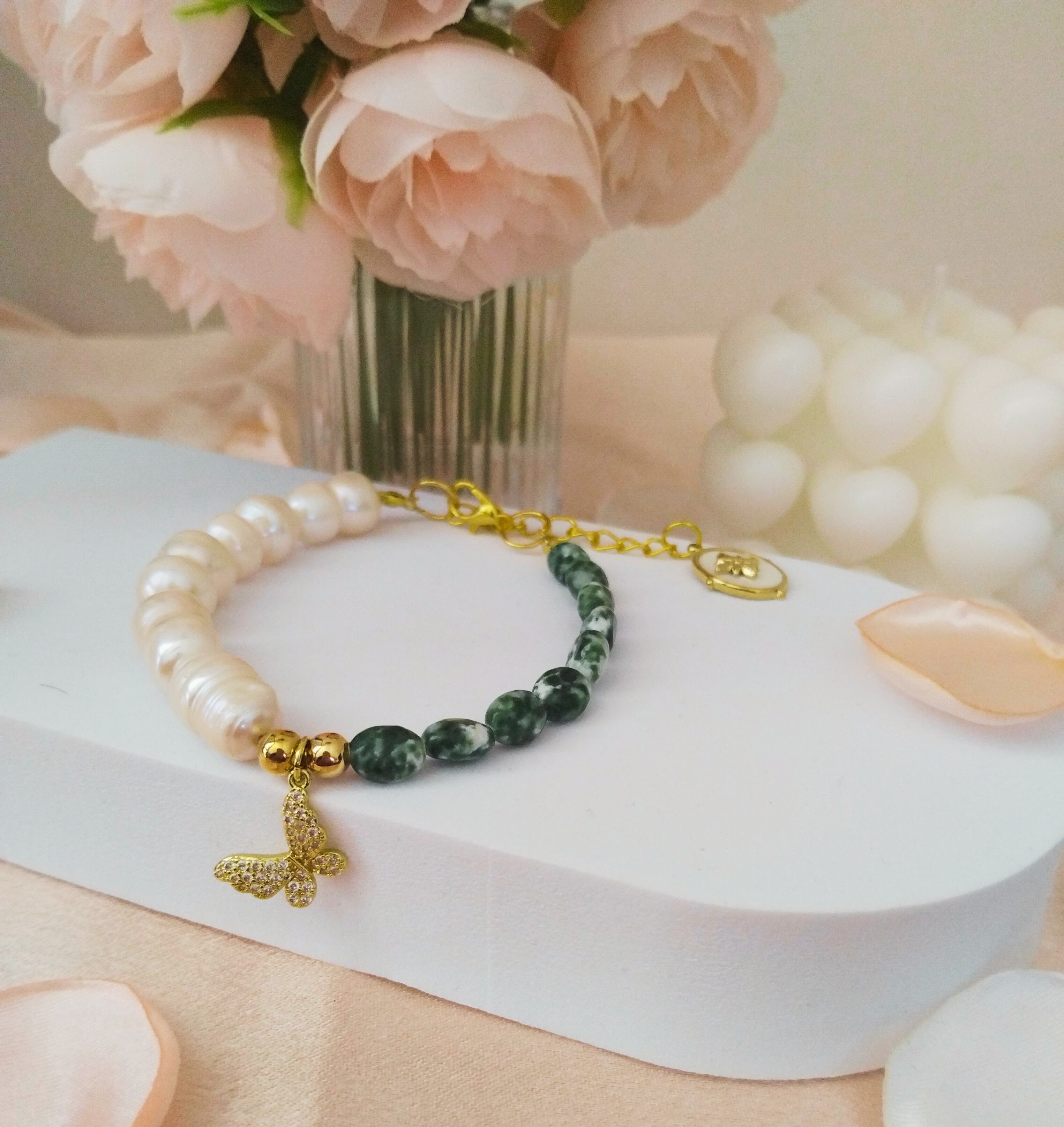 Bracelet green sea jasper & perle de culture – Élégance naturelle & apaisement - Vatou Soa