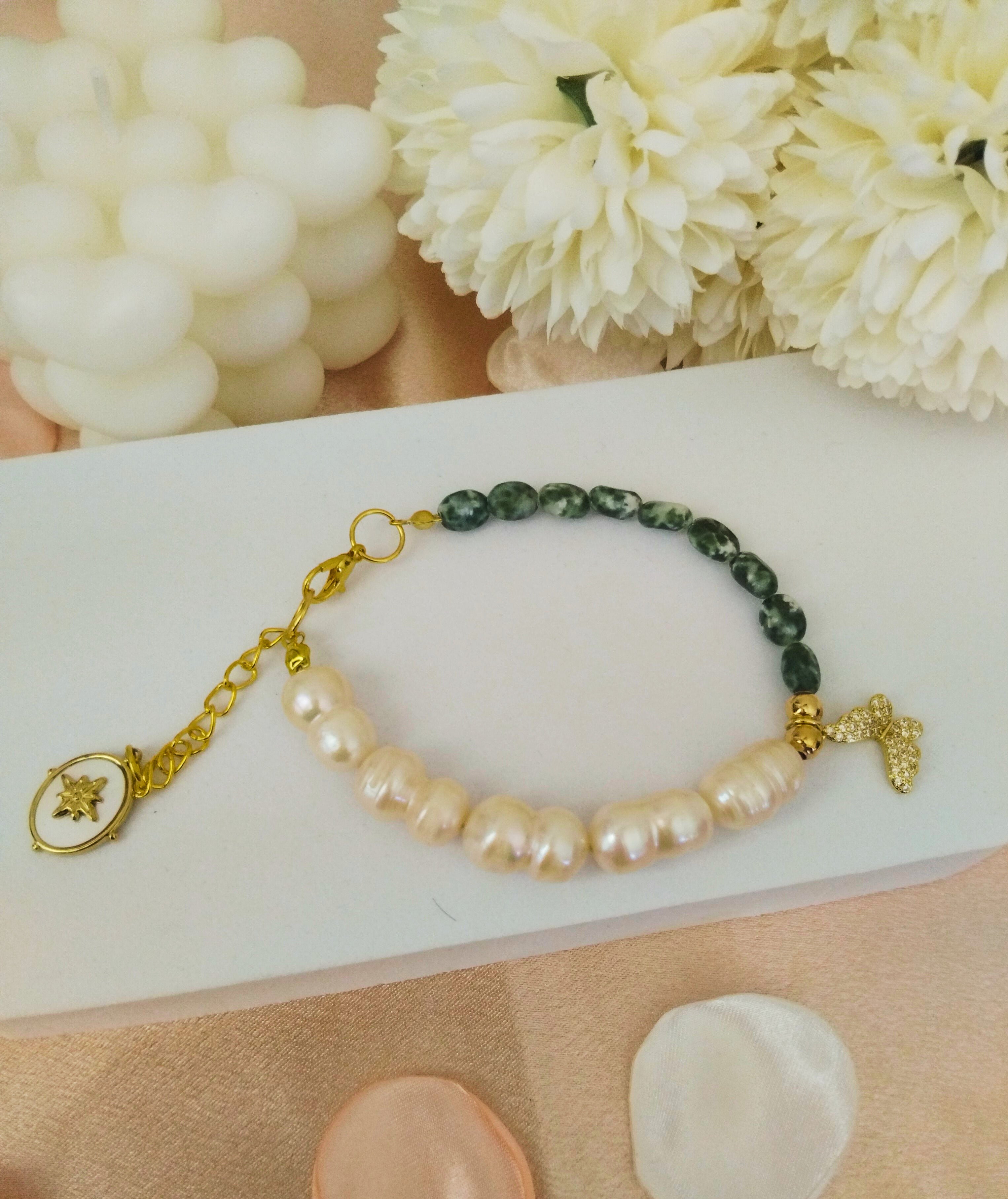 Bracelet green sea jasper & perle de culture – Élégance naturelle & apaisement - Vatou Soa