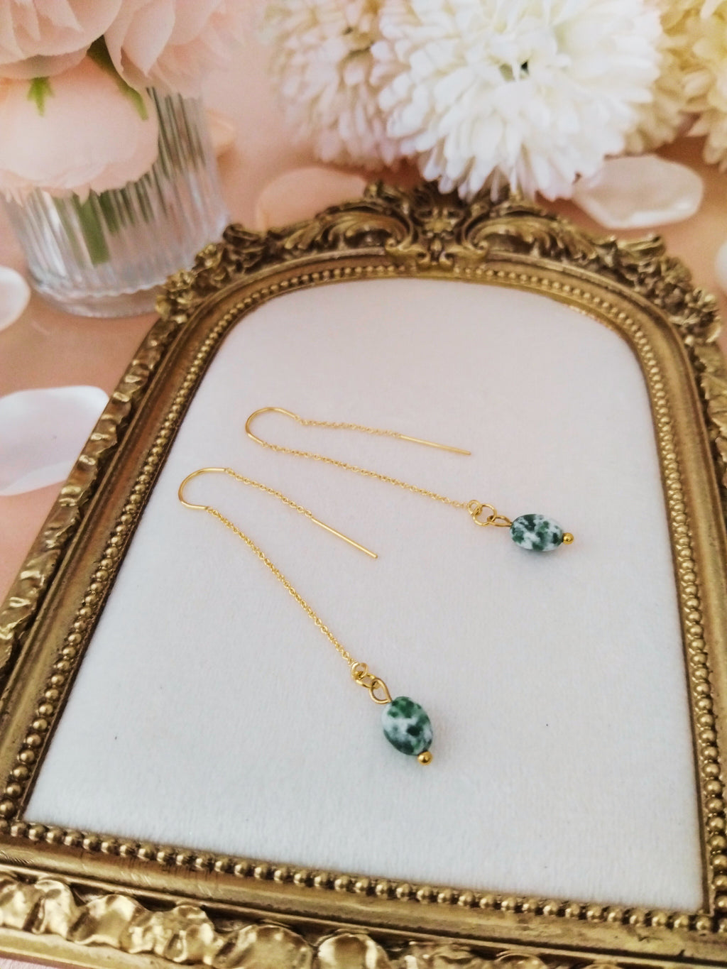 Boucles pendantes "Éclat d'Or" en Gold-Filled et Jaspe Green Sea - Vatou Soa