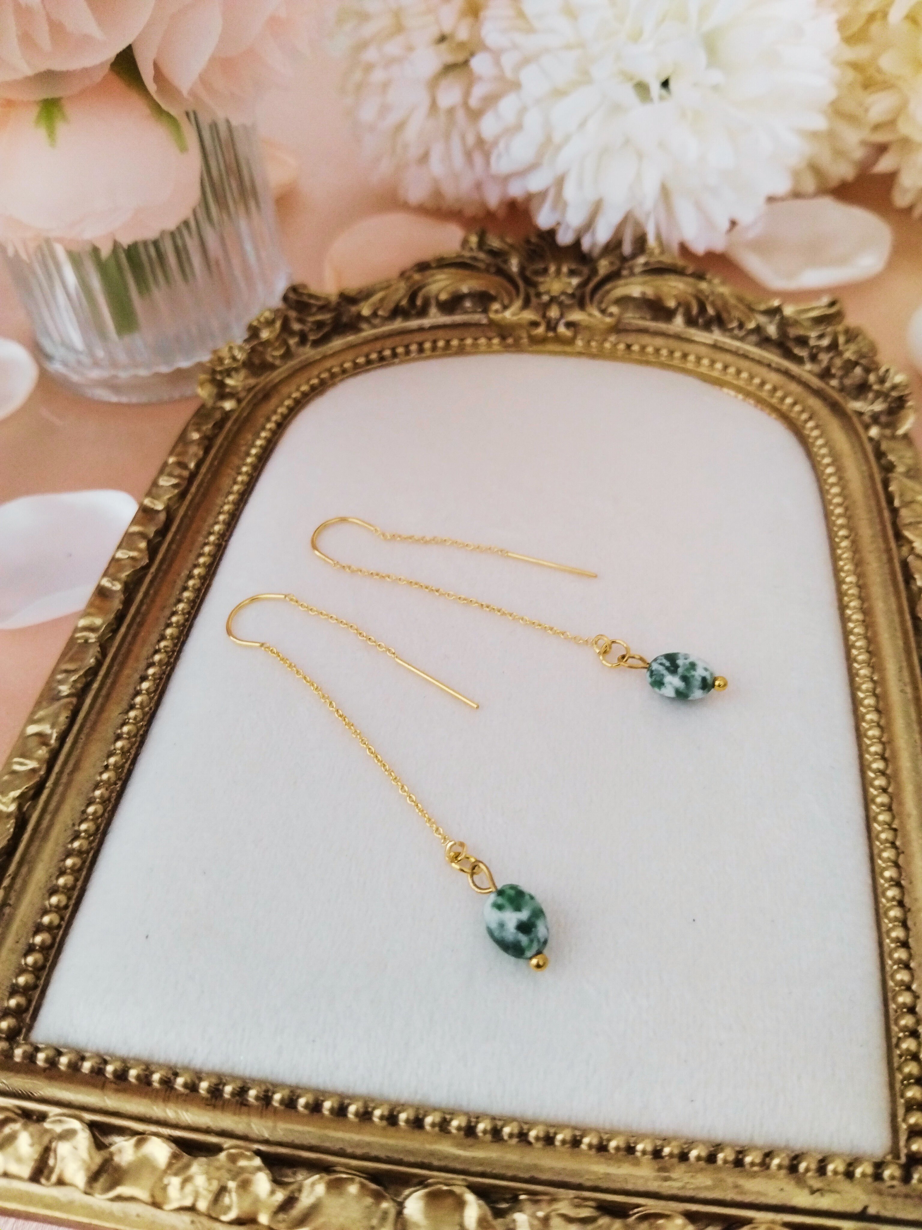 Boucles pendantes "Éclat d'Or" en Gold-Filled et Jaspe Green Sea - Vatou Soa