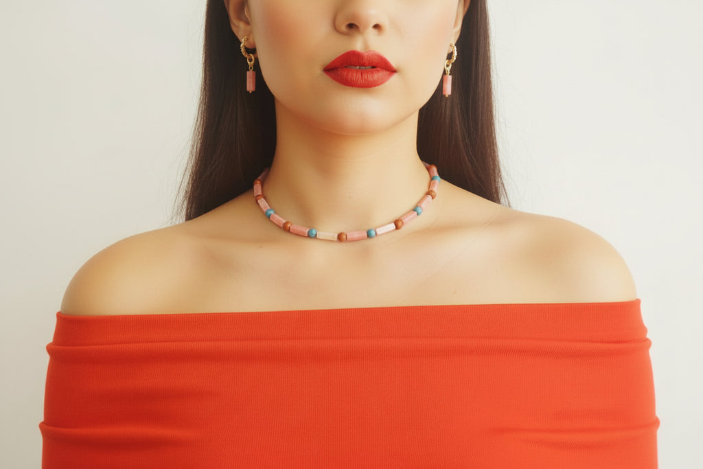 Élan Sacré – Parure en rhodonite, jaspe et apatite pour l’équilibre du cœur