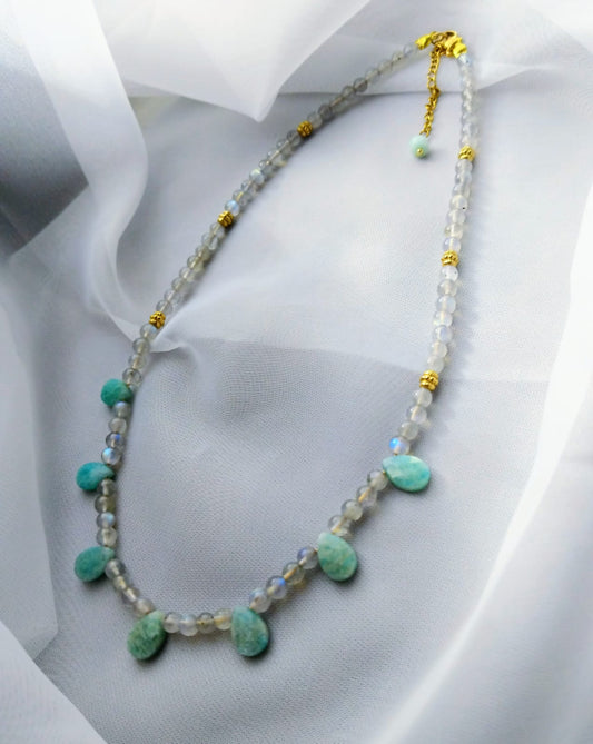 collier femme en labradorite et en amazonite 42cm