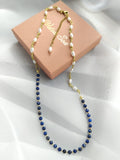 photo collier femme 42cm avec perles d'eau douce 6mm et lapis lazuli facetté 4mm 