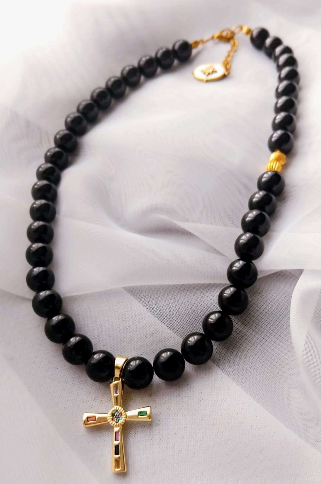 collier femme tourmaline 8mm pendentif croix à strass 42cm