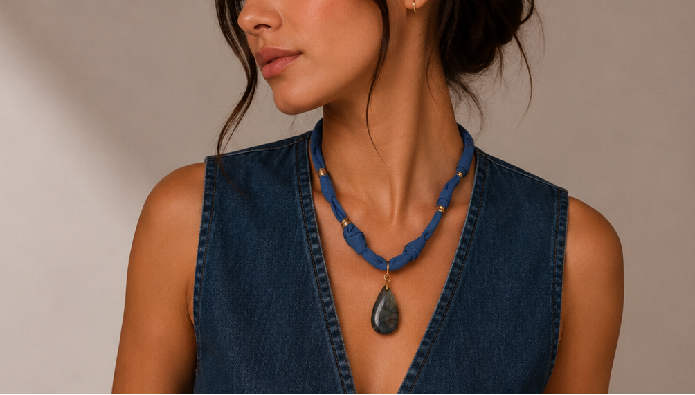 Collier Éclya – Labradorite naturelle & tissu jean noué • Bijou fait main en France - Vatou Soa