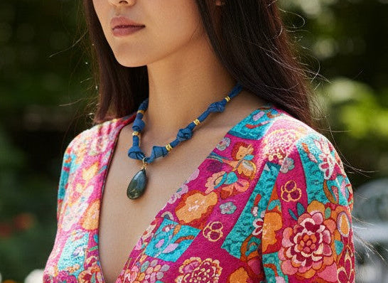 Collier Éclya – Labradorite naturelle & tissu jean noué • Bijou fait main en France - Vatou Soa