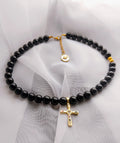 collier femme tourmaline 8mm pendentif croix à strass 42cm