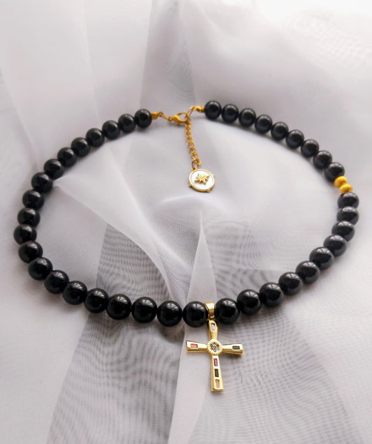 collier femme tourmaline 8mm pendentif croix à strass 42cm