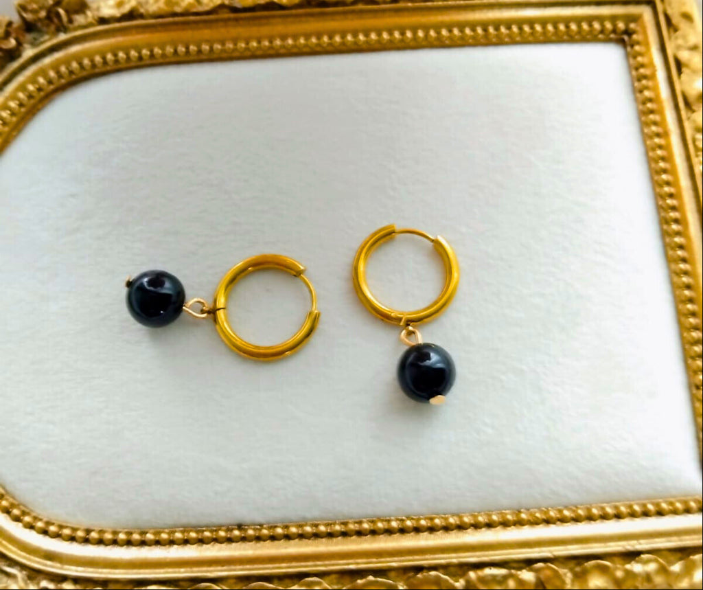 Boucles d’oreilles « Éclat » – Tourmaline noire - créoles en acier inoxydable - Vatou Soa