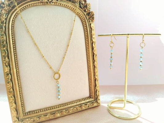 parure bijou en aigu marine swarovski 4mm - ensemble collier et boucles pendantes