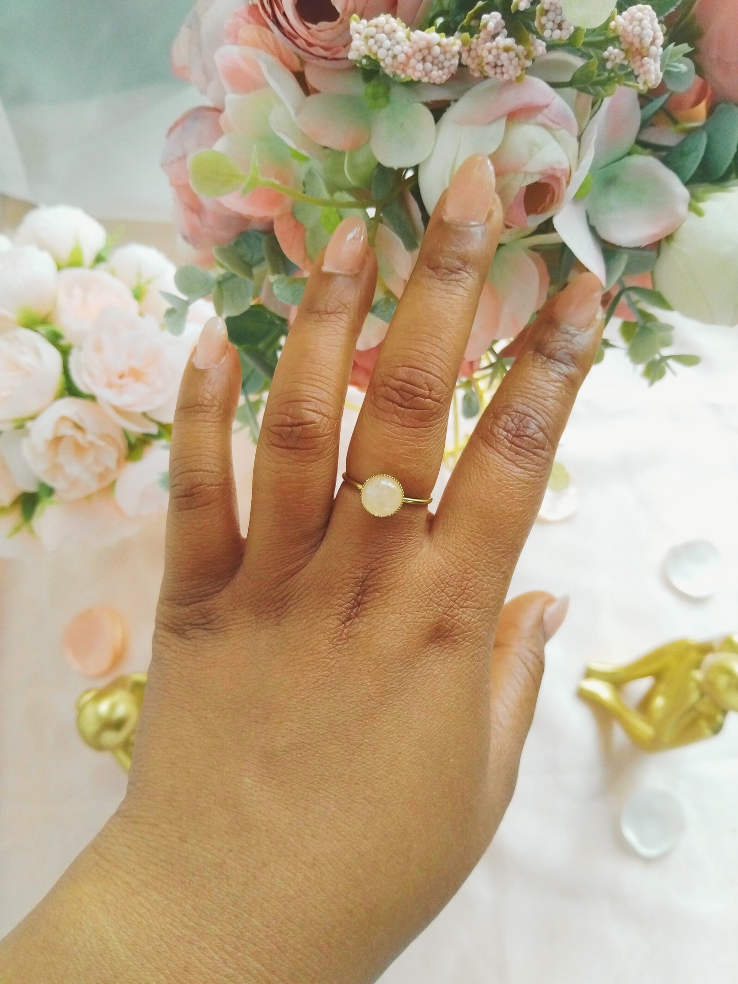 Bague quartz rose en acier inoxydable doré – Bague douceur Luminia