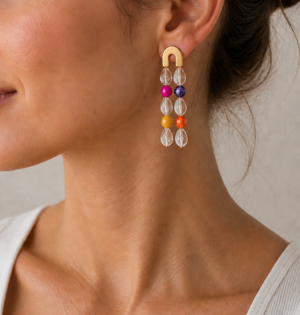 Boucles d’oreilles RAINBOW en cristal de roche - améthyste - cornaline - jade - aventurine - Vatou Soa